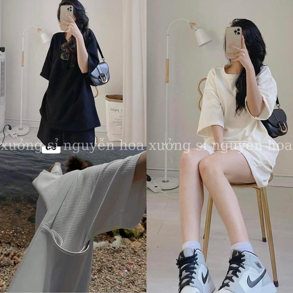 Bộ áo thun tay lỡ dáng rộng kèm quần đùi chất xốp mát form unisex 2 màu trắng đen nam nữ mặc được Xưởng Sỉ Nguyễn Hoa