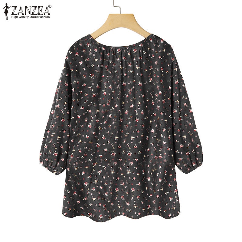 Áo kiểu ZANZEA tay lỡ 3/4 cổ thắt nơ phong cách vintage thời trang cho nữ