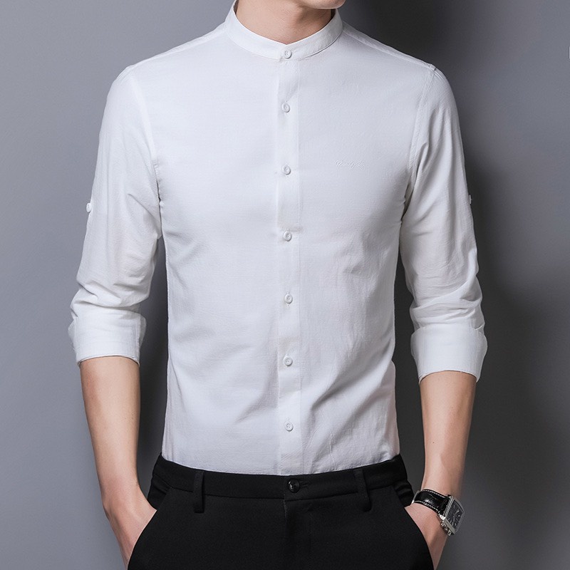 Áo sơ mi nam Cổ Tàu hai màu trắng đen trơn basic vải lụa, áo sơ mi nam công sở mặc văn phòng sự kiện lịch sự