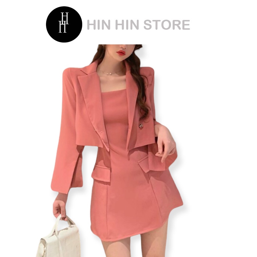 Set áo croptop vest + váy hai dây sang chảnh màu hồng và màu đen HS97 Hỉn Hỉn Store