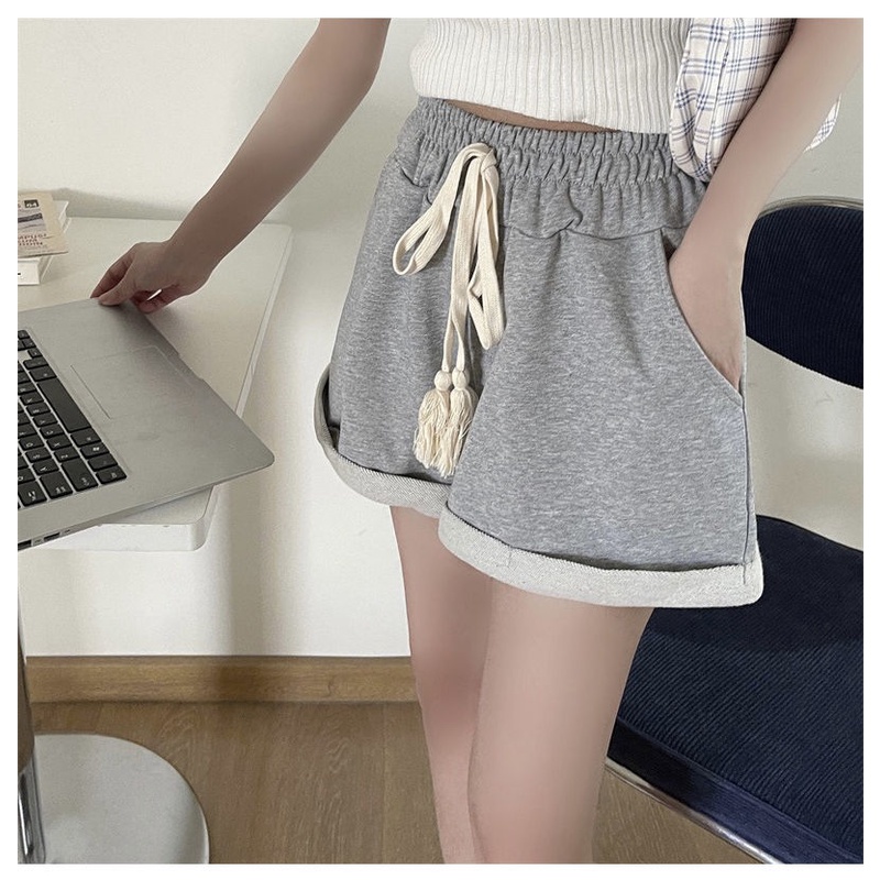 COZOKC Quần ngắn ống rộng Lưng Thun Phong Cách Hàn Quốc