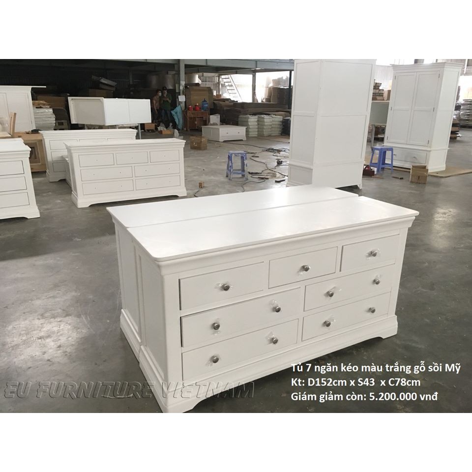 Tủ 7 ngăn kéo gỗ sồi màu trắng CMR07 KT: 150x45x78cm