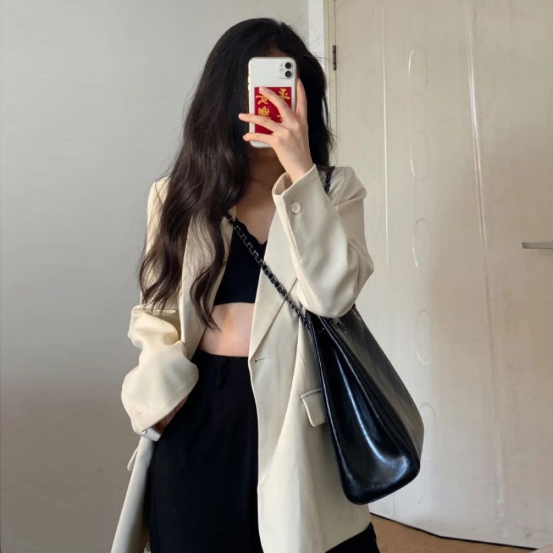(ORDER -sẵn be XL) Áo Khoác Blazer nữ trơn form rộng mùa xuân thu phong cách hàn quốc retro 2022(kèm ảnh thật)