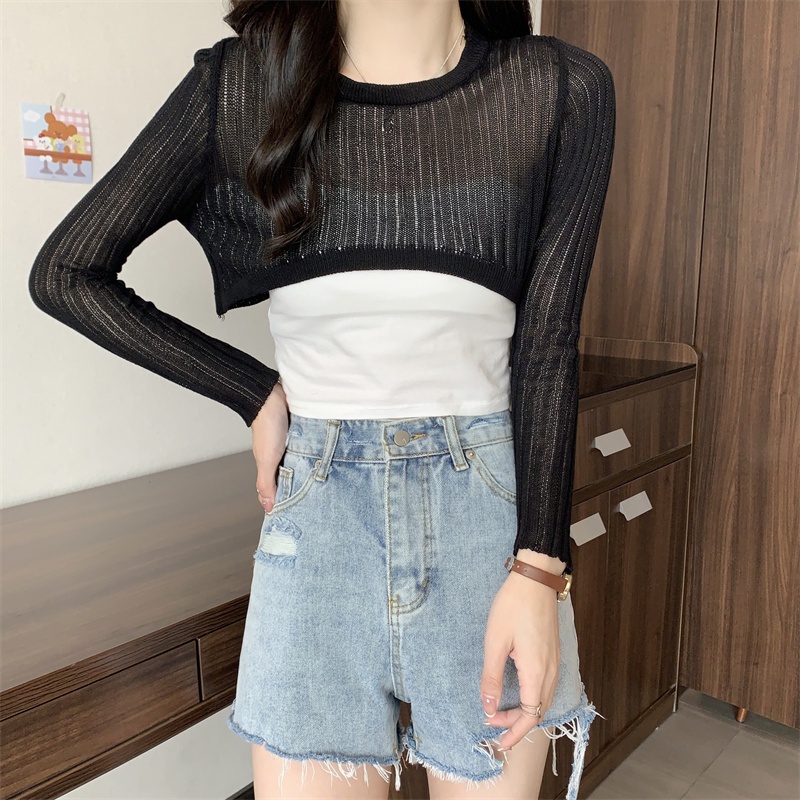 SUXI Áo Croptop Dệt Kim Tay Dài Dáng Rộng Chống Nắng Màu Sắc Trơn Phong Cách Hàn Quốc Thời Trang Mùa Hè Cho Nữ