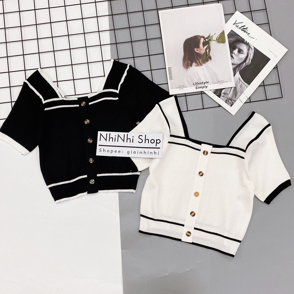 Áo len cộc cổ vuông viền bo gấu cúc giữa len mịn co giãn AL6530 - NhiNhi Shop