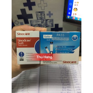 Combo Que thử đường huyết Safe- Accu Sinocare (hộp 50 que) kèm 1 lọ kim lấy máu Sinocare