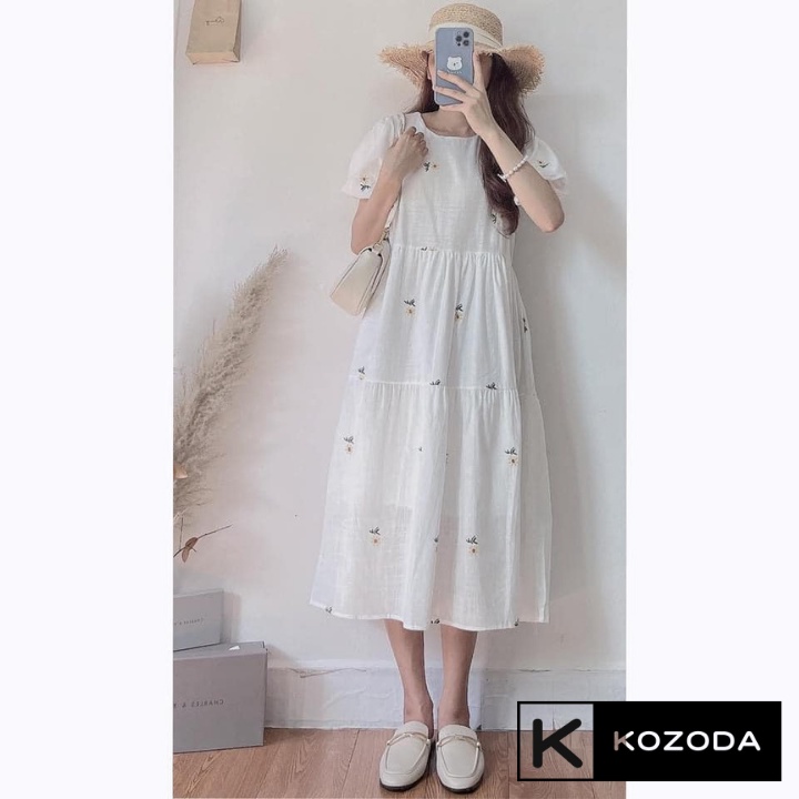 Đầm Váy Babydoll Hoa Cúc Tay Bồng Chất Xước Mát Mẻ Phong Cách Hàn Quốc Vintage Kozoda D24 | BigBuy360 - bigbuy360.vn