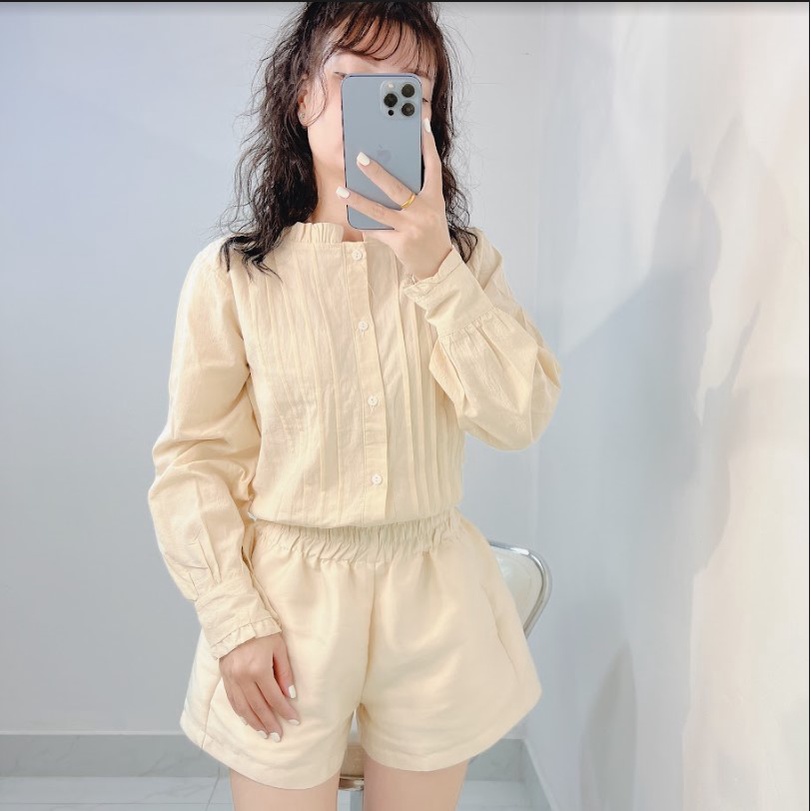 Áo baby doll cổ bèo kẻ ly tiểu thư