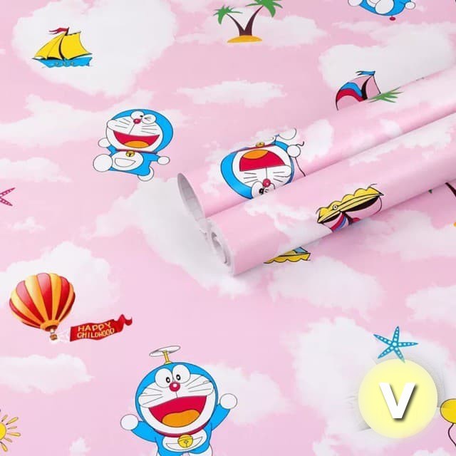XẢ 10m Giấy dán tường Doremon bầu trời hồng có sẵn keo khổ rộng 45cm