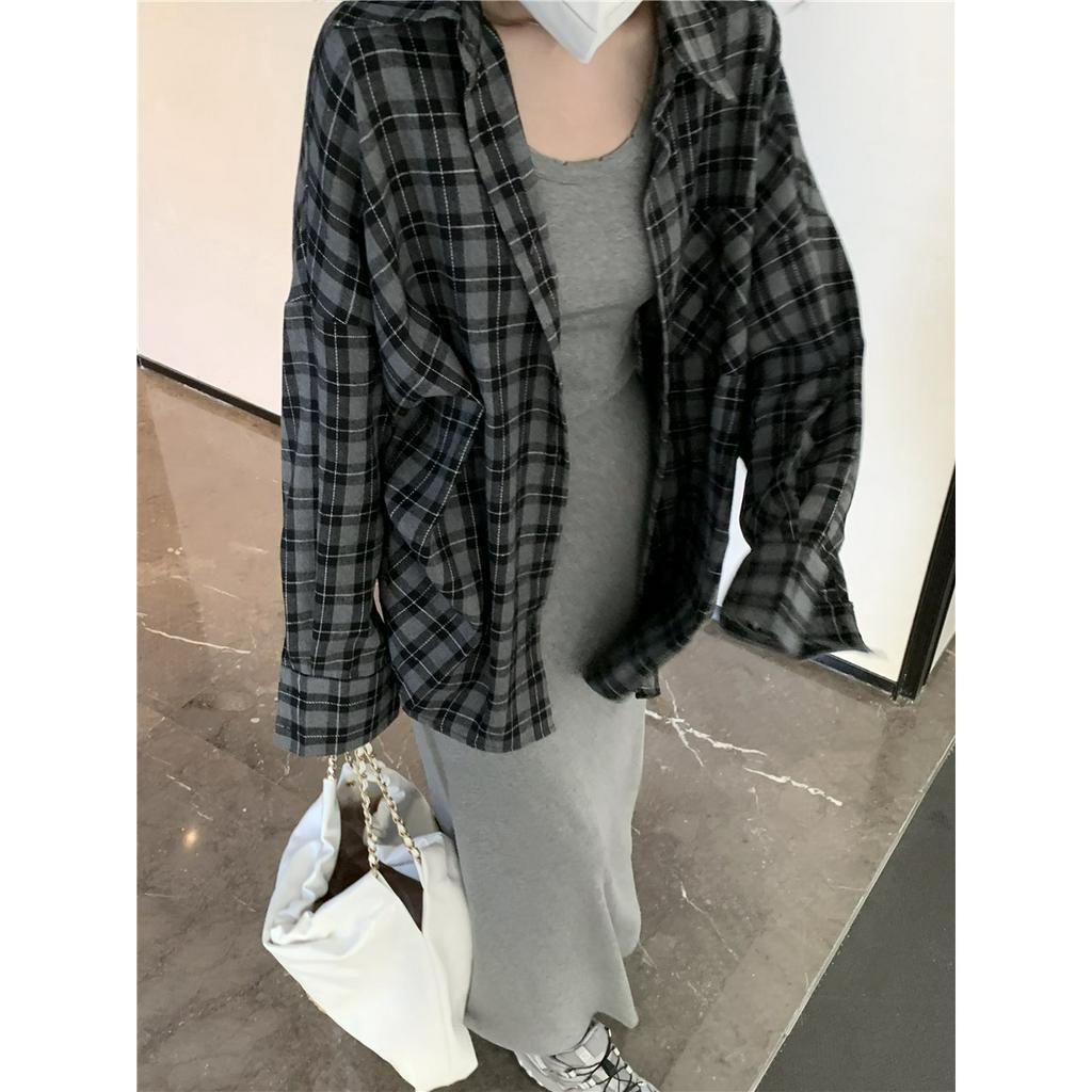 Set Áo Thun Dài Tay Cổ Tròn + Đầm Yếm Ca Rô Dài Tay Cổ Bẻ Thời Trang Nữ