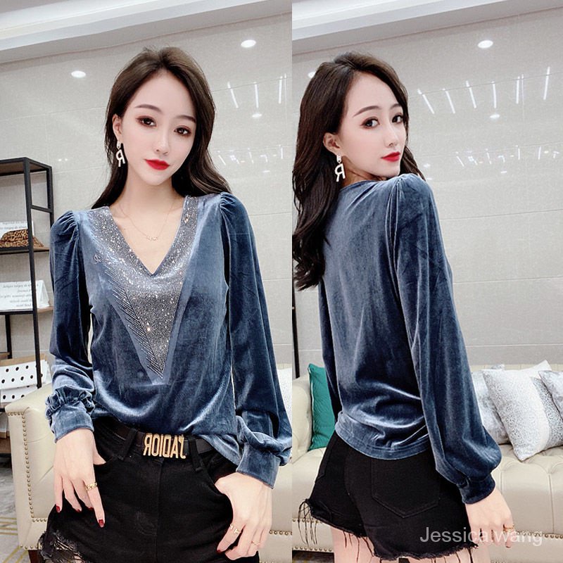 Áo nhung tay phồng cổ chữ V đính đá phong cách Châu Âu mới 2020