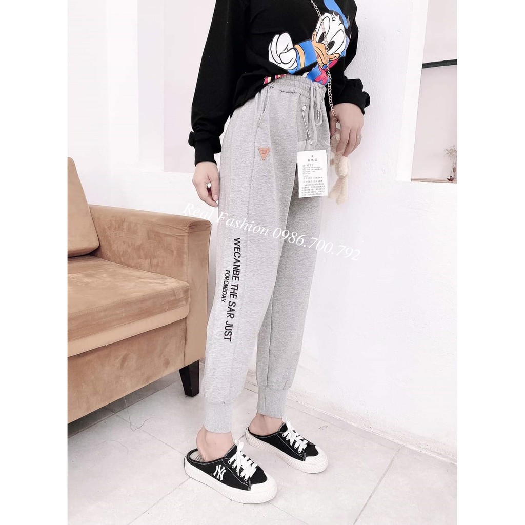 Quần jogger nữ bo gấu thêu chữ đính logo vải nỉ da cá quảng châu,vải dày dặn đanh mịn không bai xù Real Fashion