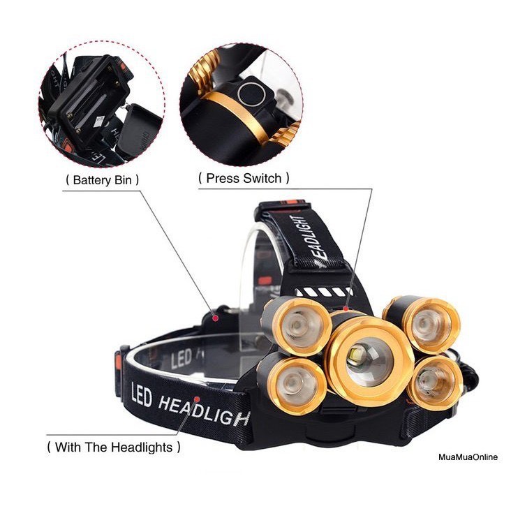 [FREESHIP] Đèn pin đội đầu 5 bóng LED T6 gồm 3 chế độ sáng + Tặng kèm 2 pin sạc và sạc