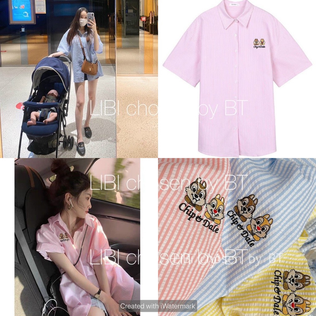 Sơ mi kẻ xốp thêu hình thú ngộ nghĩnh
