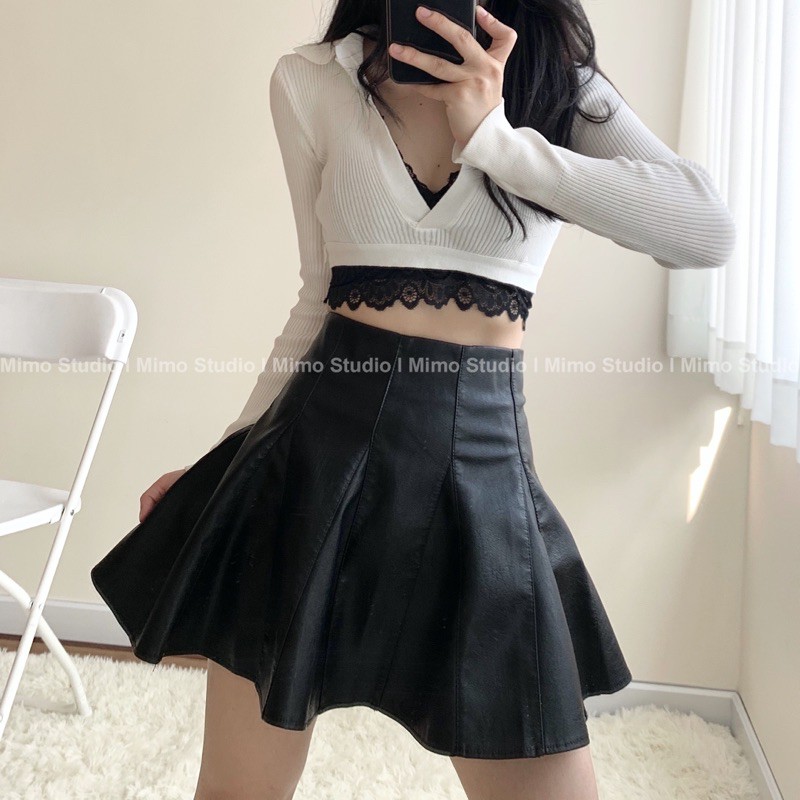 Áo len croptop cổ polo hở lưng