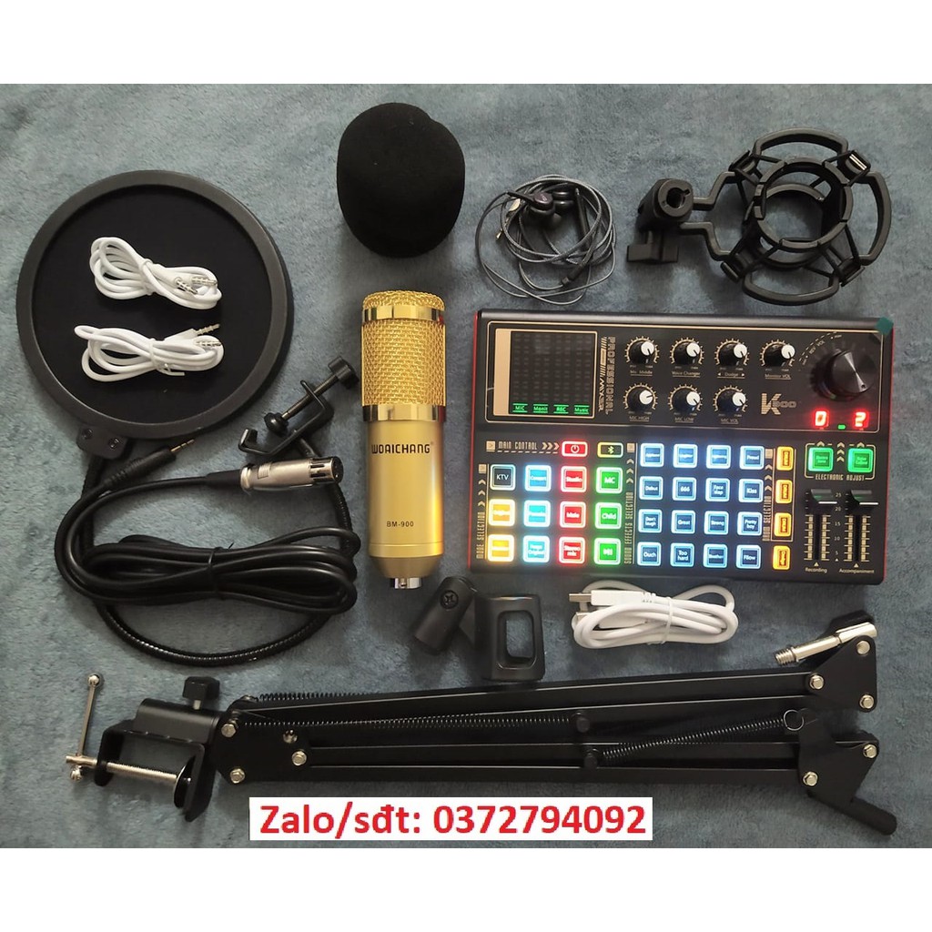 Combo bộ Sound card k300 mic thu âm bm900 chân đế màng lọc và tai nghe