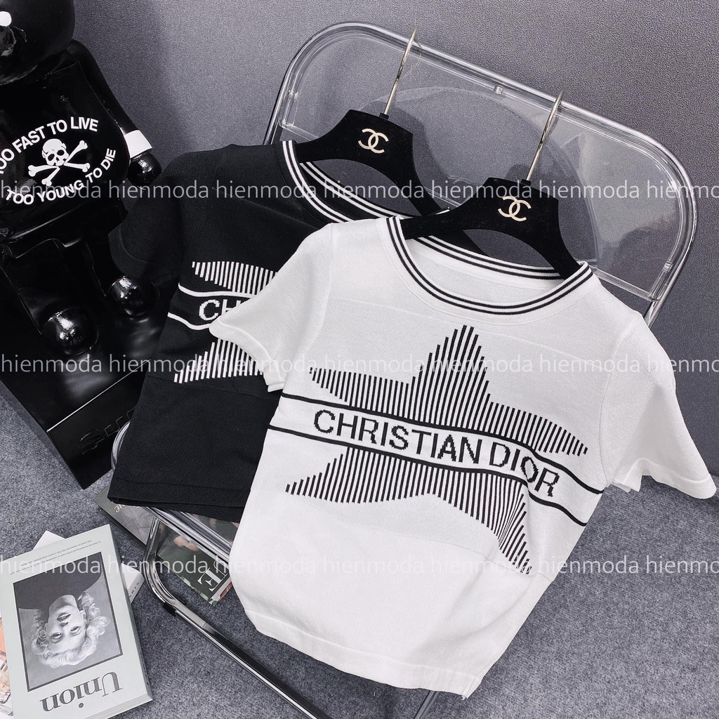 Áo len mongtoghi nữ cổ tròn họa tiết ngôi sao , áo len dệt kim kiểu cải viền cổ chữ Christian dior