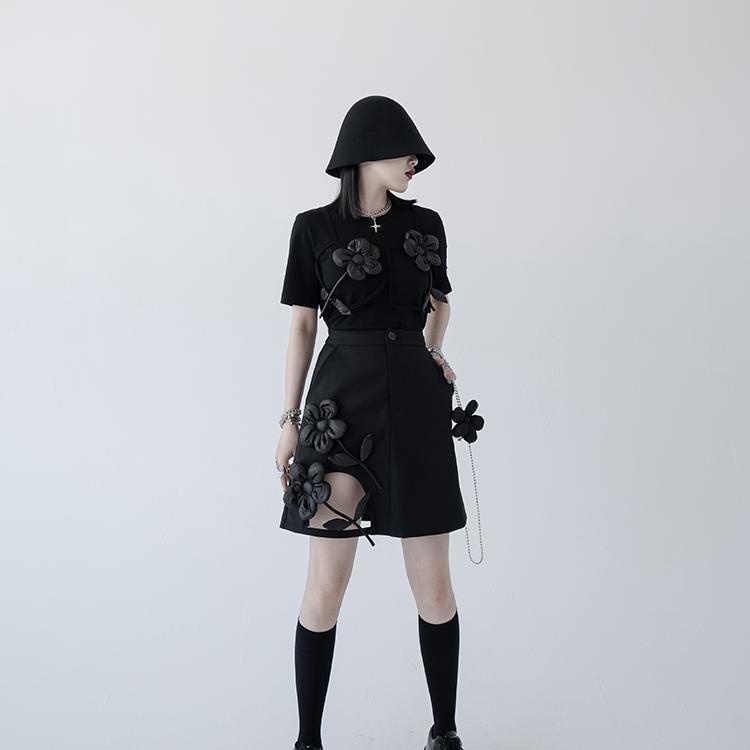 Chân váy chữ A màu đen thêu hoa thời trang 2022 dành cho nữ