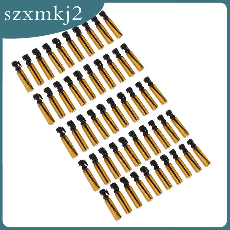 Bộ 50 Lọ Thủy Tinh Nhỏ Giọt Màu Hổ Phách Cho Tinh Dầu 1mL Kèm Nắp Đen