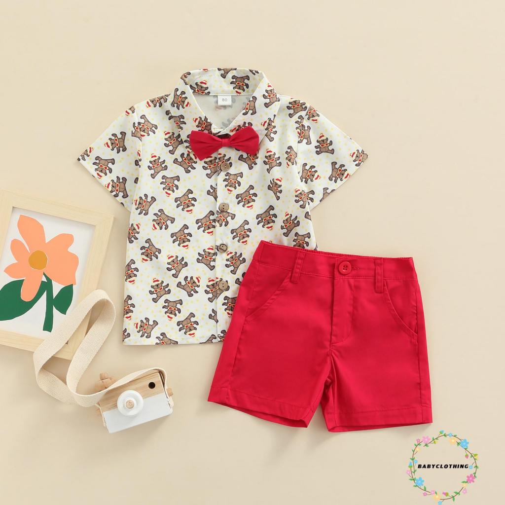 Bộ áo sơ mi tay ngắn in hình gấu hoạt hình và quần short màu đỏ phong cách Giáng sinh dành cho bé