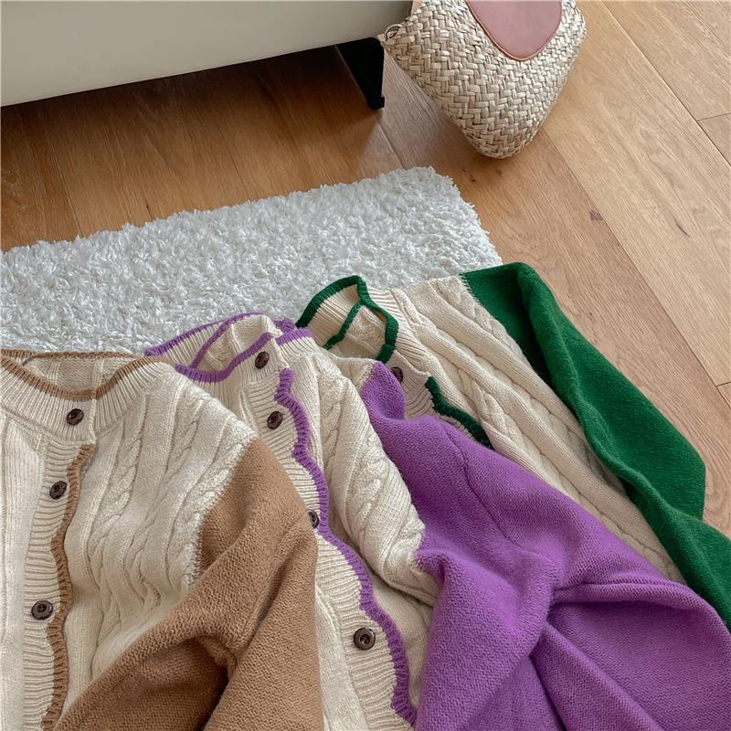 Áo Khoác Cardigan Dệt Kim Màu Sắc Tương Phản Phong Cách Vintage Cho Nữ