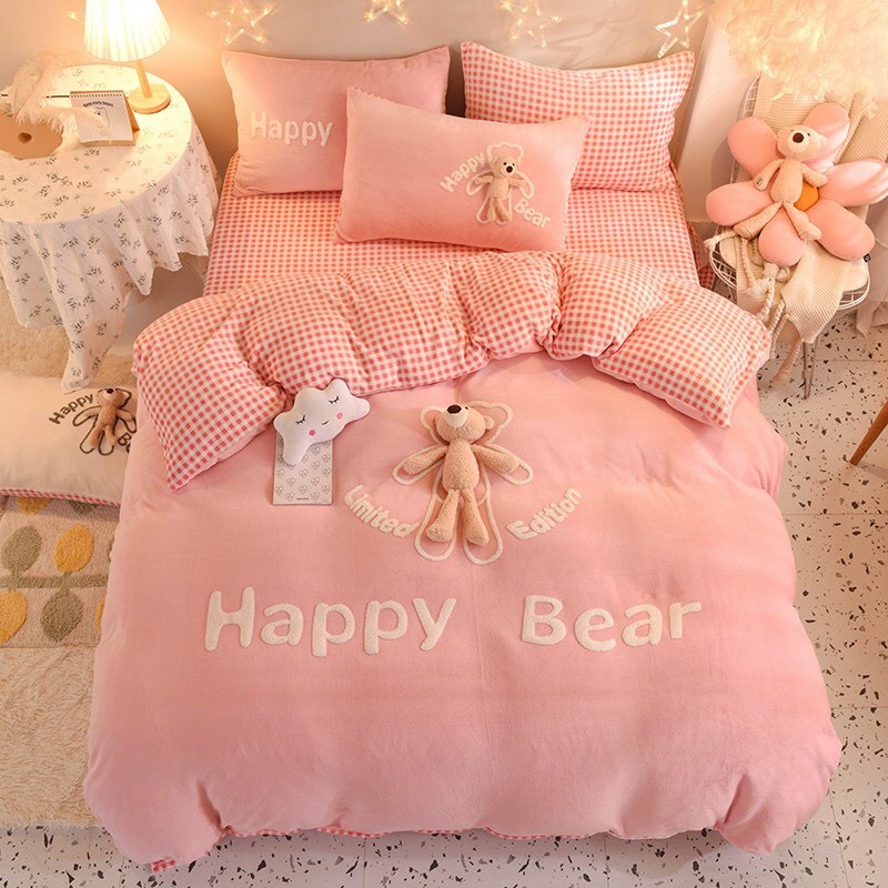 Set 4 món nỉ nhung gấu Happy Bear siêu cấp mềm mịn - Hàng nhập khẩu