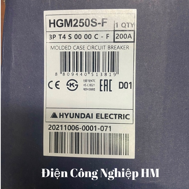 Aptomat MCCB 3 Pha HGM250H-F Hyundai dòng 150A~250A - Chính Hãng, Át Tô Mát Khối Cầu Dao Điện 3P