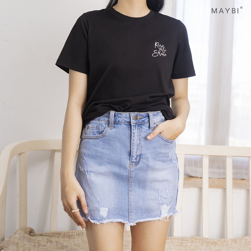 MAYBI - Váy quần jean xanh nhạt wash rách