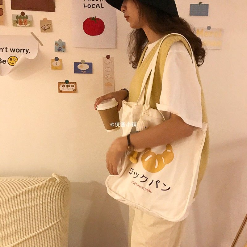 Túi Đeo Chéo Canvas Cỡ Lớn Họa Tiết Dễ Thương Phong Cách Vintage Hàn Quốc