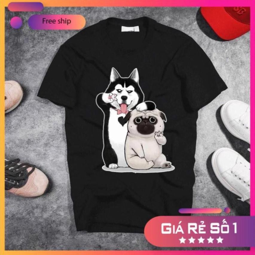 Áo thun nam,nữ tay ngắn, áo hình chó husky vs pug- Áo thun Trung Quốc Unisex - Áo cotton - Áo thun tay lỡ  (ĐEN)