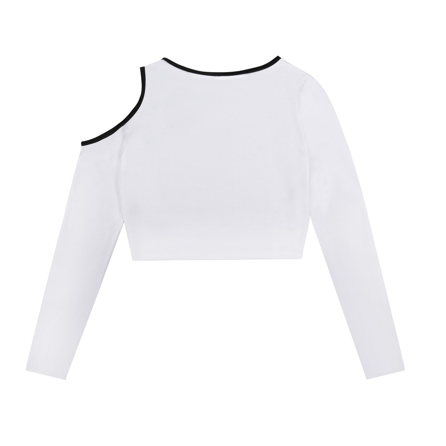 Áo croptop tay dài ôm body trễ vai màu trắng | DKMV White LS Shouder Cut Out