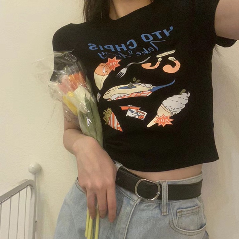 Áo Thun Crop Top Tay Ngắn Cổ Tròn In Họa Tiết Thời Trang Cho Nữ