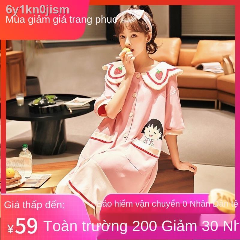 ✔ ❈ ❀✱Váy ngủ nữ mùa hè cotton ngắn tay kiểu dáng mỏng dễ thương 2021 quần áo bà bầu maruko anh đào mới