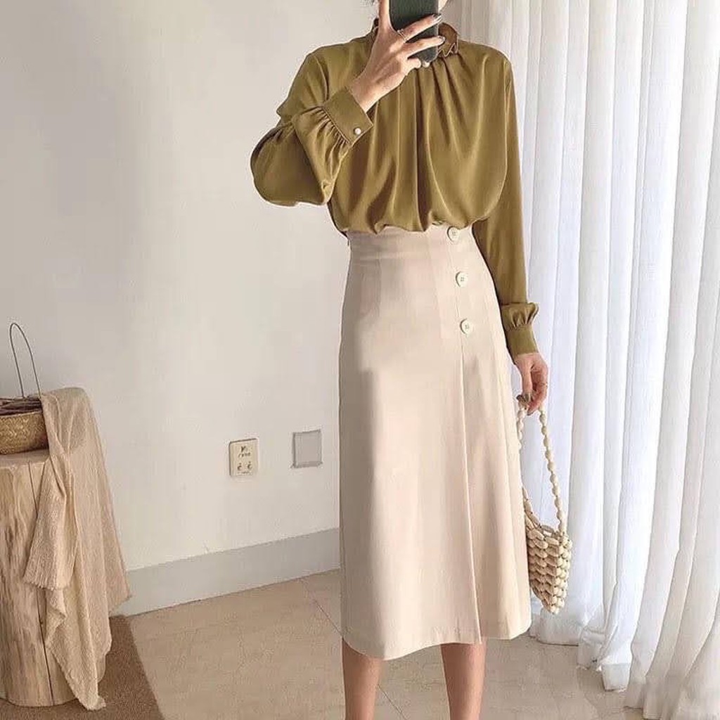 Chân váy midi công sở phối cúc xếp ly dài qua gối | BigBuy360 - bigbuy360.vn