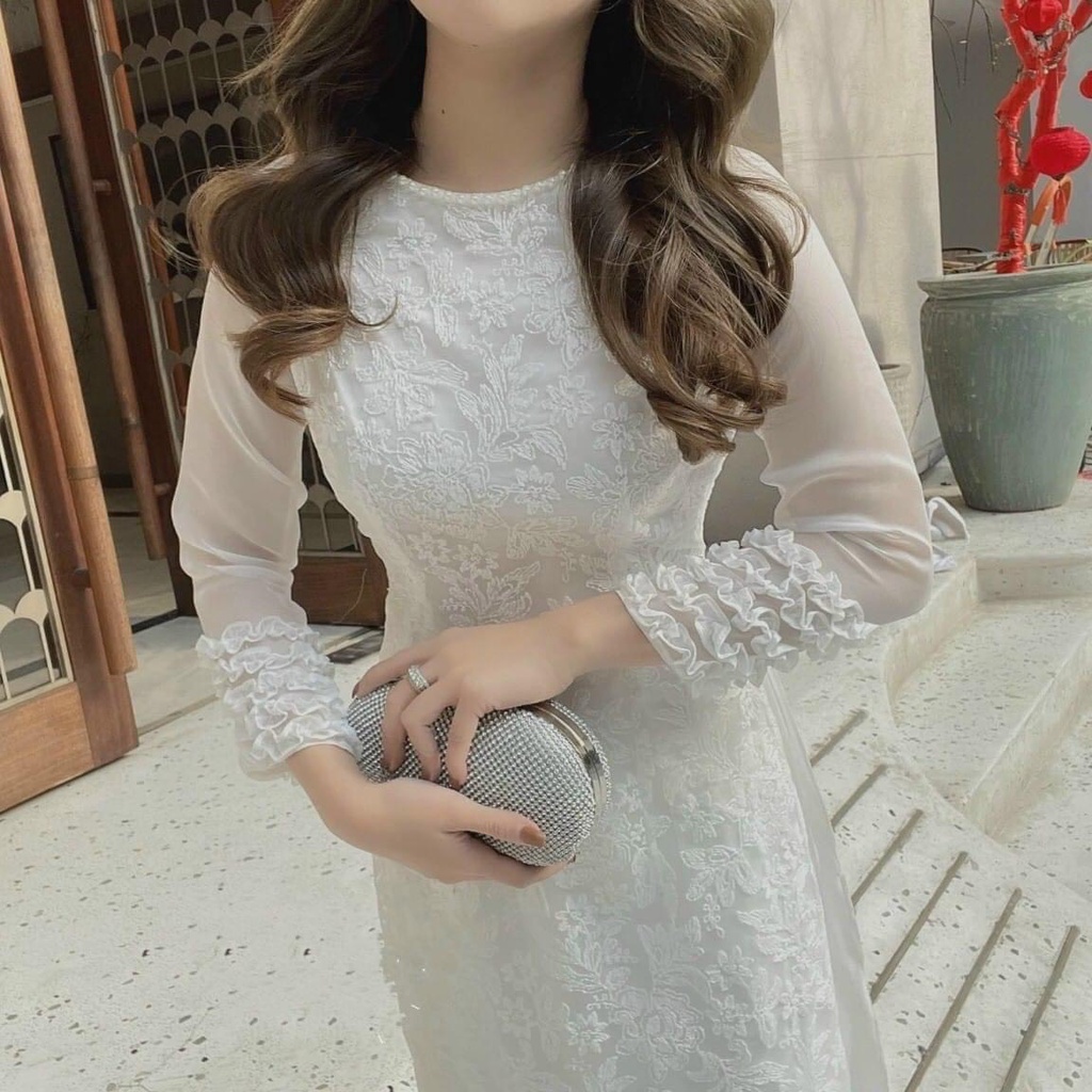 Áo dài cách tấn ren thêu 4 tà , tay voon nhún bèo , áo dài may sẵn cao cấp