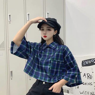 Áo sơ mi croptop nữ tay lỡ sọc caro xanh mặc 2 kiểu ulzzang