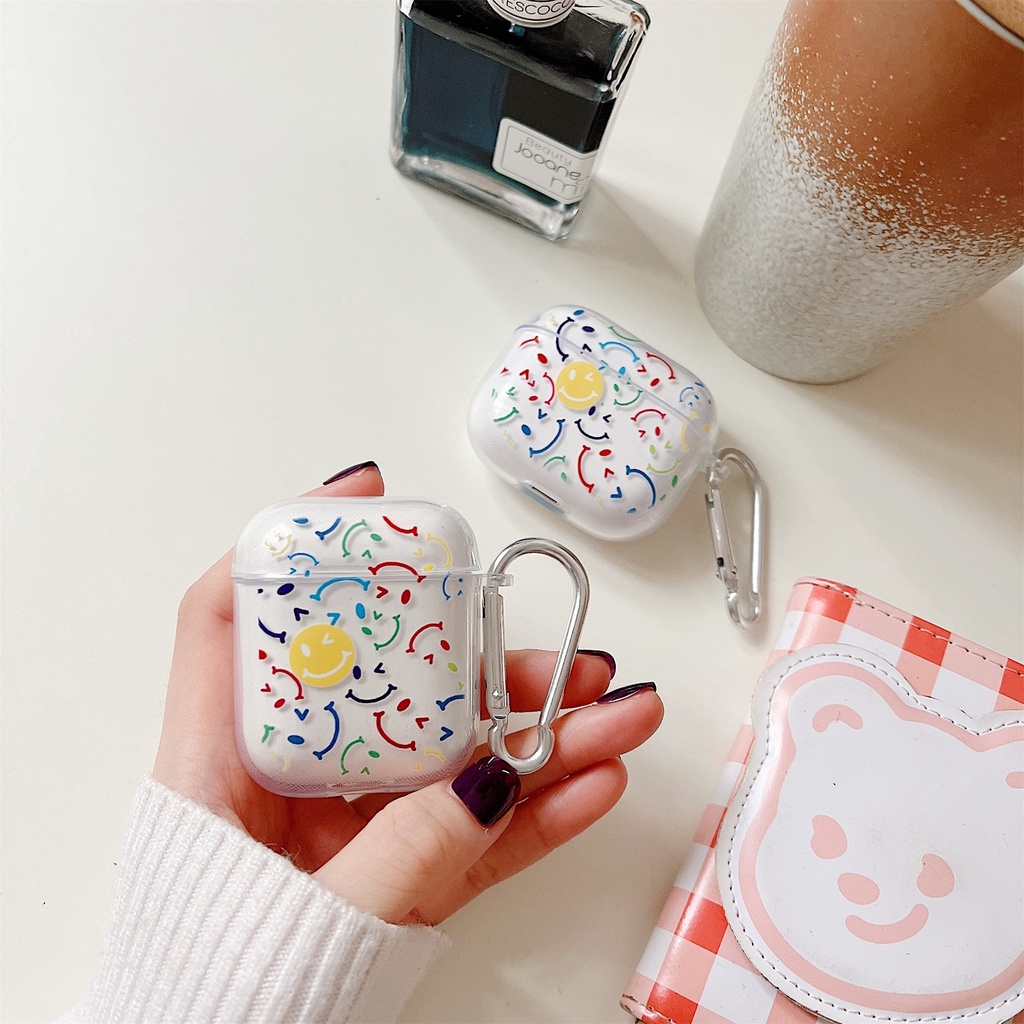 Ốp bảo vệ tai nghe bluetooth không dây TPU trong suốt hình mặt cười đầy màu sắc thích hợp cho Airpods 1 2 3 Pro