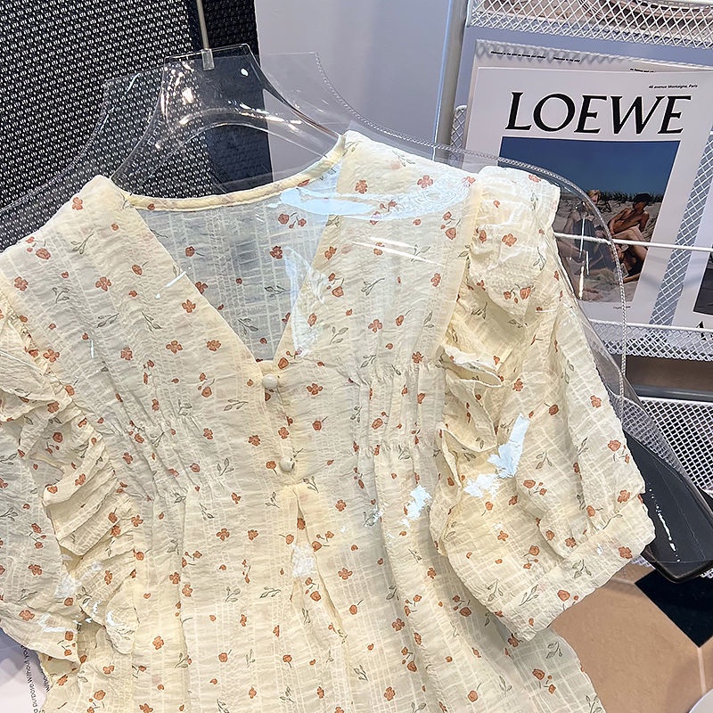 Áo Sơ Mi Tay Ngắn Cổ Chữ V Phối Bèo Thời Trang Mùa Hè Cho Nữ