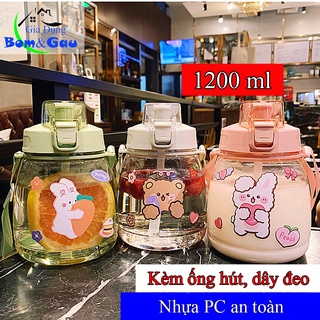 Bình đựng nước kèm ống hút, quai đeo cao cấp, siêu cute dung tích 1200ml