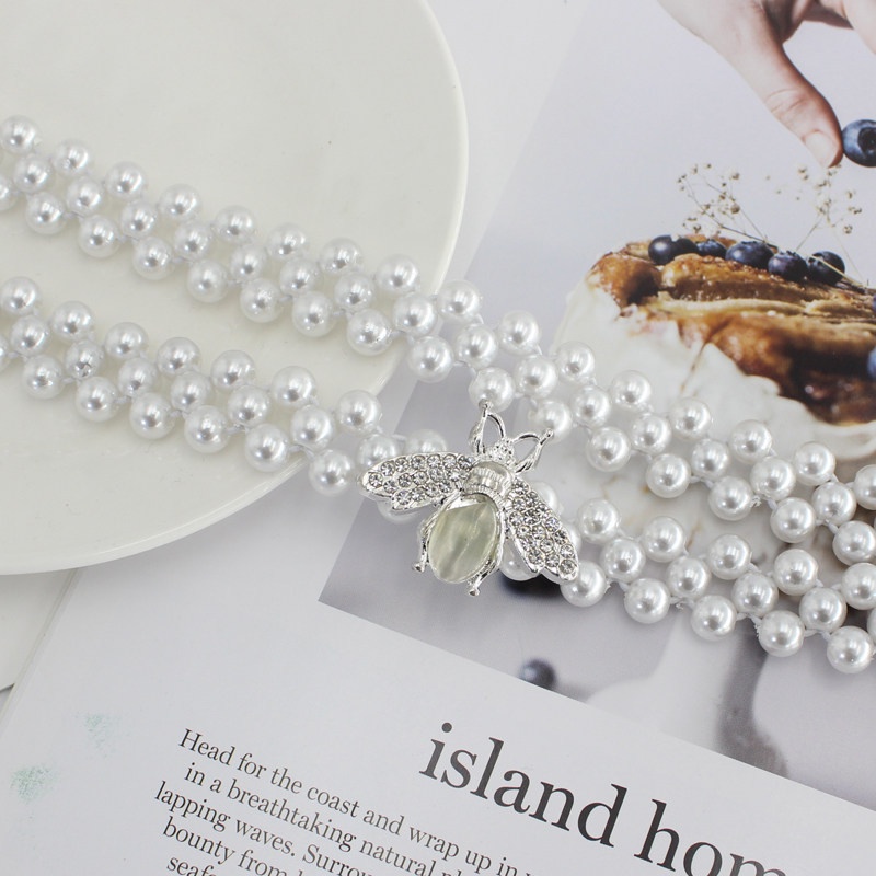 Thắt lưng đàn hồi đính đá ngọc trai nhân tạo phối khóa kim loại thời trang cho nữ