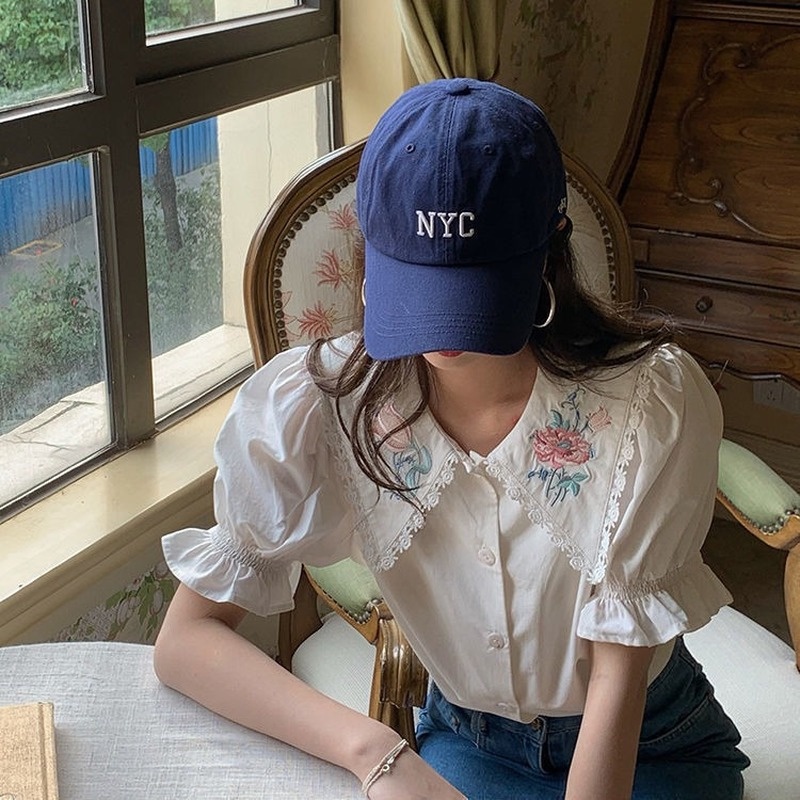 Áo Sơ Mi Tay Ngắn Phồng Cổ Búp Bê Thêu Họa Tiết Phong Cách Retro Pháp Thời Trang Cho Nữ