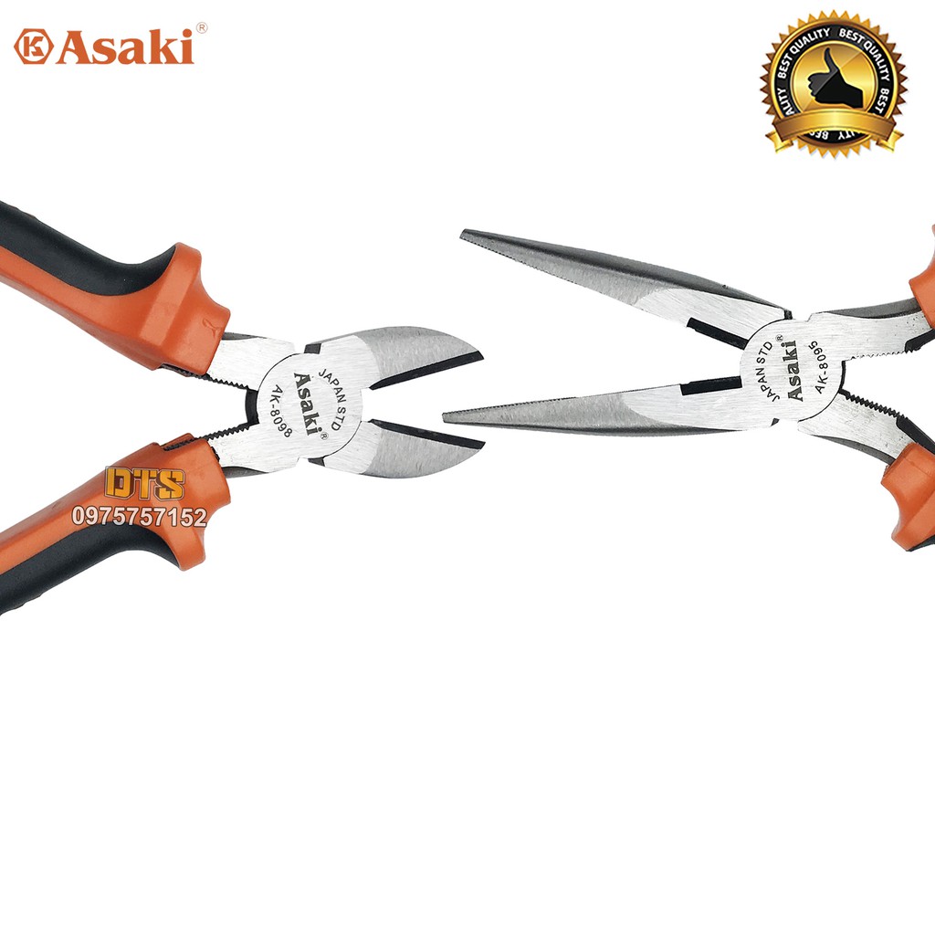 Bộ 2 kìm cắt - kìm nhọn kiểu Mỹ Asaki A+cut Tech 8 inch/ 200mm, thép High Carbon độ cứng cao