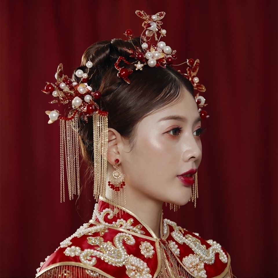 [Aishang Trang Sức Đẹp] Phụ Kiện Cài Tóc Cô Dâu Xiuhe Hình Vương Miện Phượng Hoàng Tua Rua Dài Phong Cách Trung Hoa Mới Nhất Năm 2022