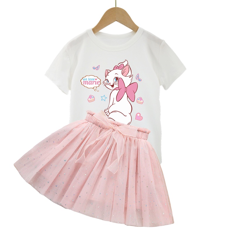 Set 2 Món Áo Thun Cotton Mỏng Màu Kẹo Ngọt In Hình Mèo Marie Thời Trang Cho Bé Gái