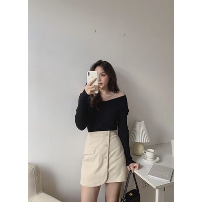 Áo len bẹt vai xẻ A-0020, áo trễ vai len gân xẻ vạt | BigBuy360 - bigbuy360.vn