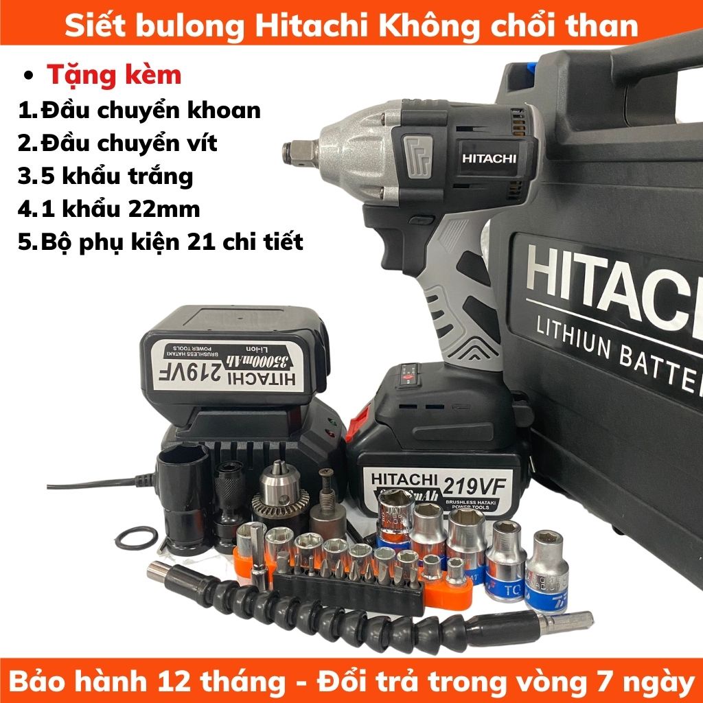 Máy siết bulong Hitachi 219VF - TẶNG 7 ĐẦU KHẨU, 1 ĐẦU CHUYỂN KHOAN, 1 BỘ PHỤ KIỆN 21 CHẾT 1 ĐẦU CHUYỂN VÍT