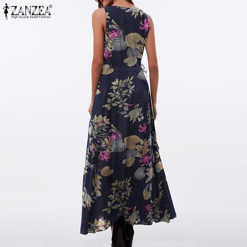 Zanzea Đầm Dây Rút Không Tay In Họa Tiết Thời Trang Nữ