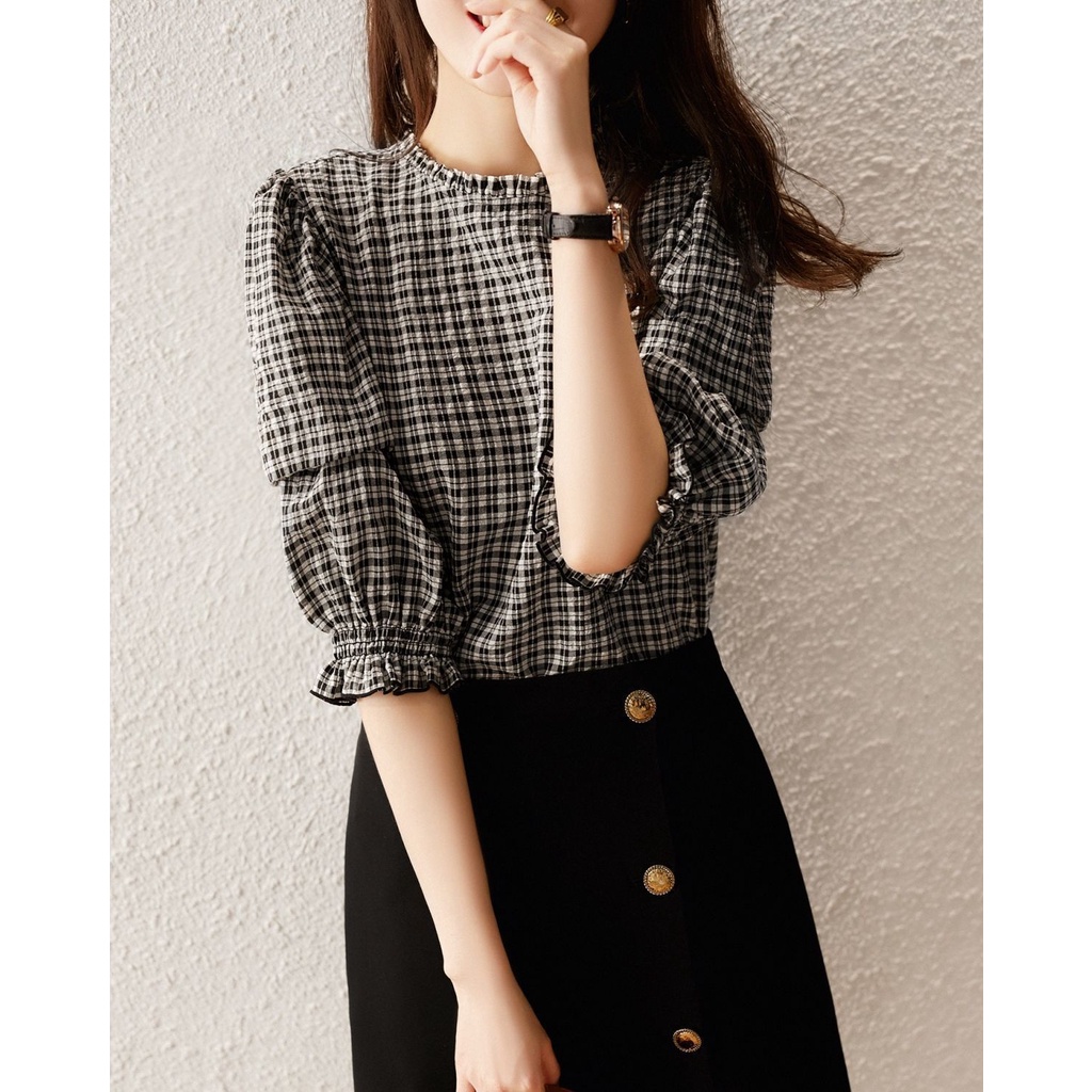 Áo Sơ Mi Sọc Ca Rô Đen Trắng Phong Cách Hàn Quốc Thời Trang Mùa Xuân 2021