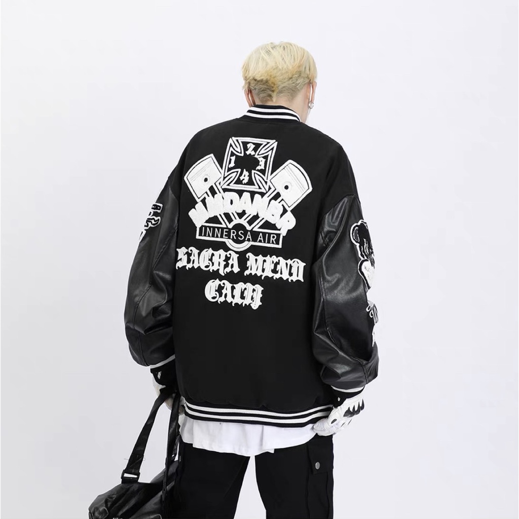 Áo Khoác varsity GHOST vintage chất dạ 2 lớp phối tay da Pu cao cấp KunShop09