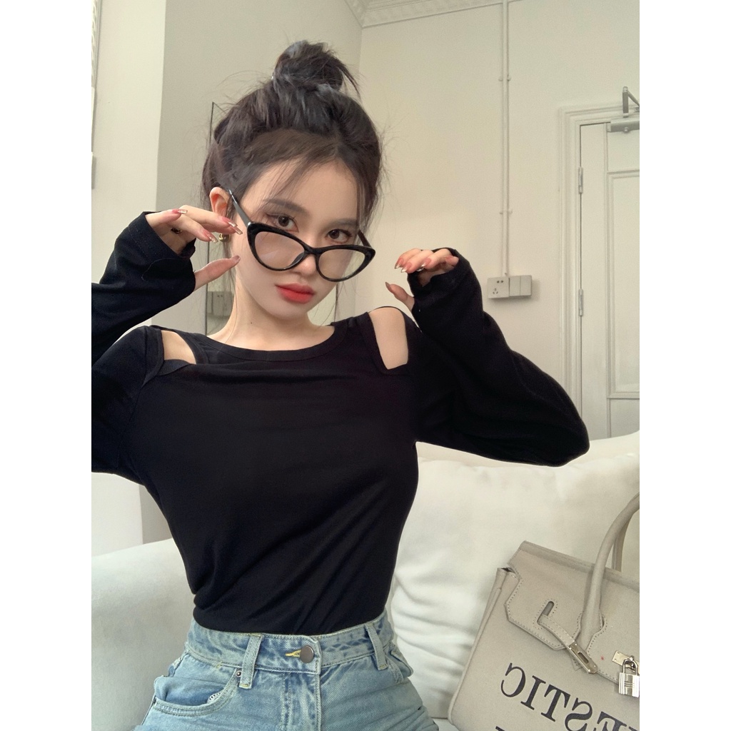 Áo croptop QKOOLE tay dài cổ tròn dáng ôm gợi cảm thời trang Hàn Quốc cho nữ